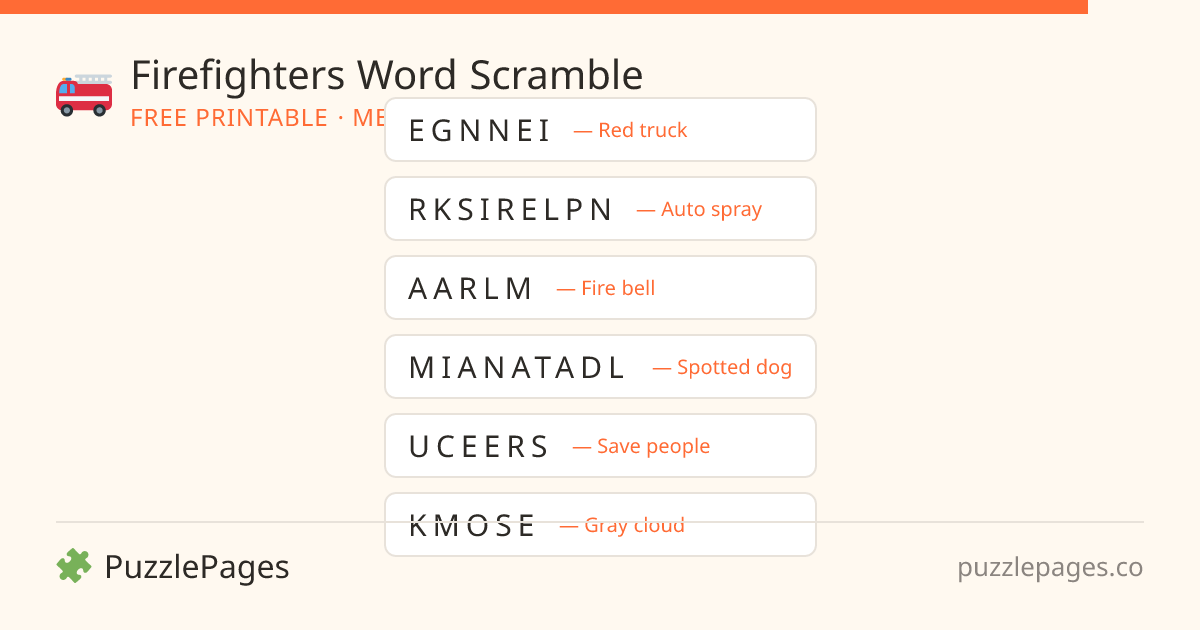 Firefighters Medium printable word scramble preview — free to print from PuzzlePages
