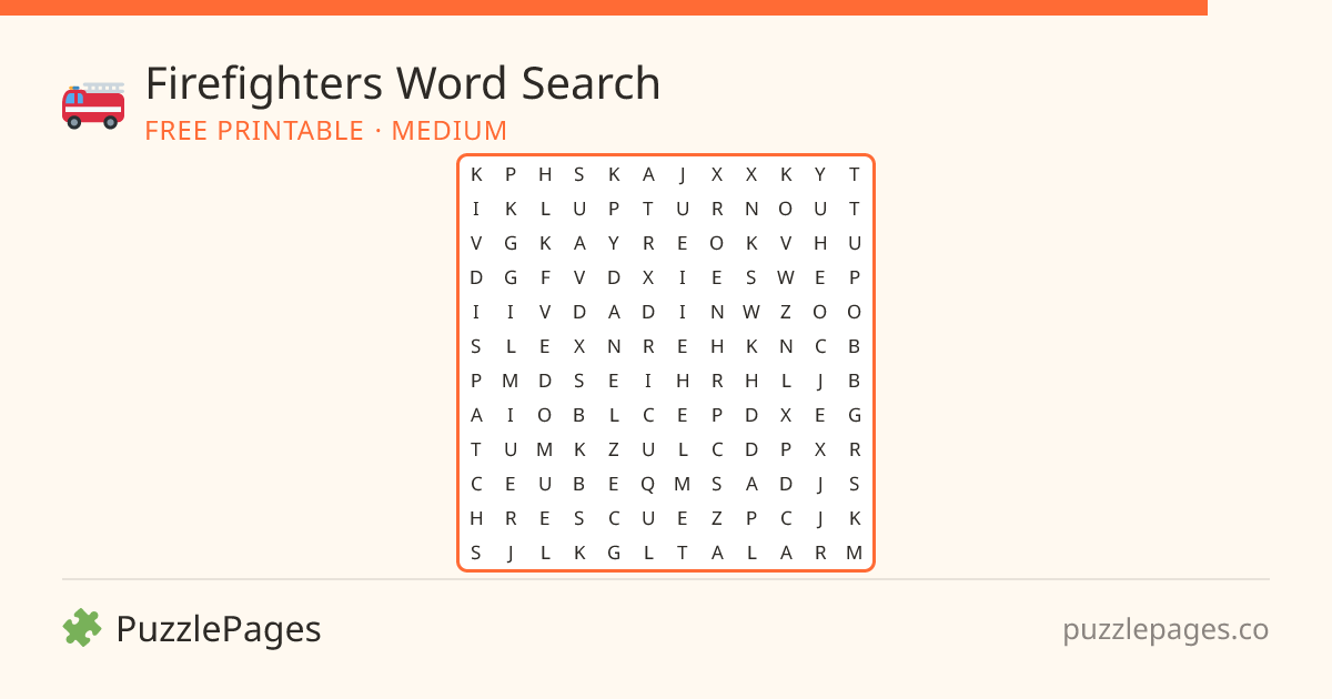 Firefighters Medium printable word search preview — free to print from PuzzlePages