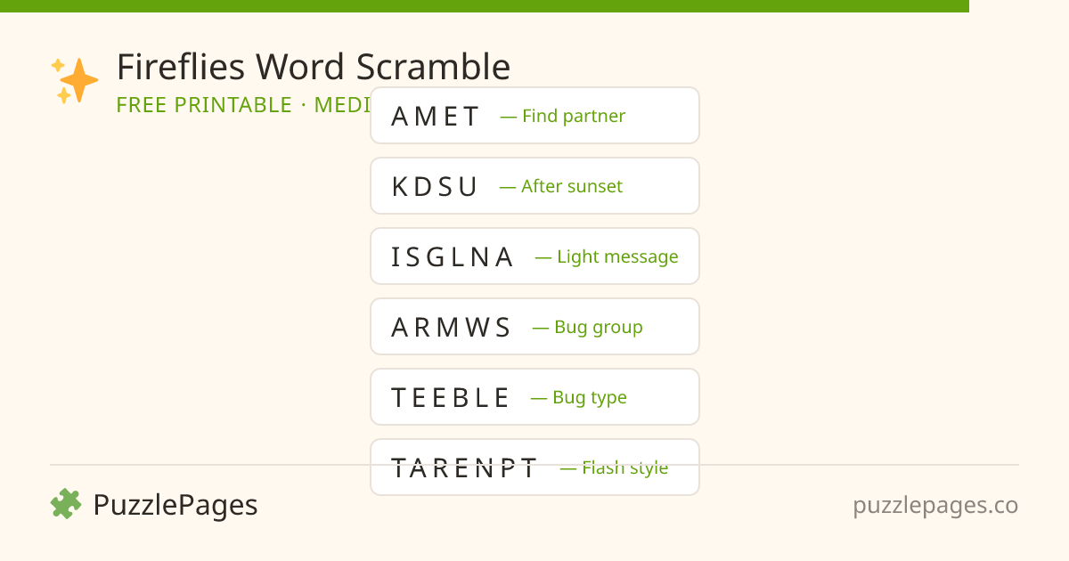 Fireflies Medium printable word scramble preview — free to print from PuzzlePages