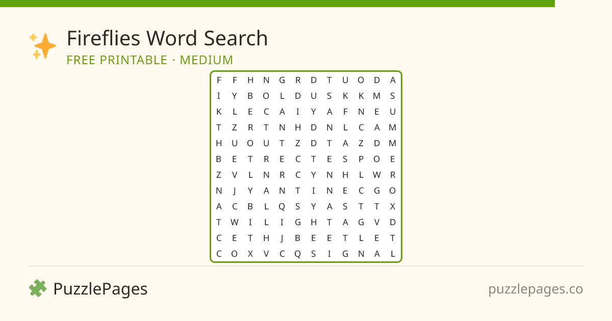 Fireflies Medium printable word search preview — free to print from PuzzlePages