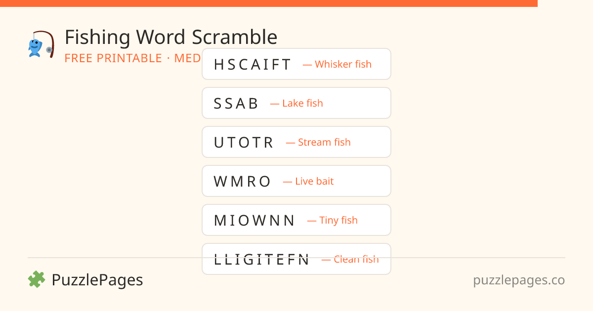 Fishing Medium printable word scramble preview — free to print from PuzzlePages