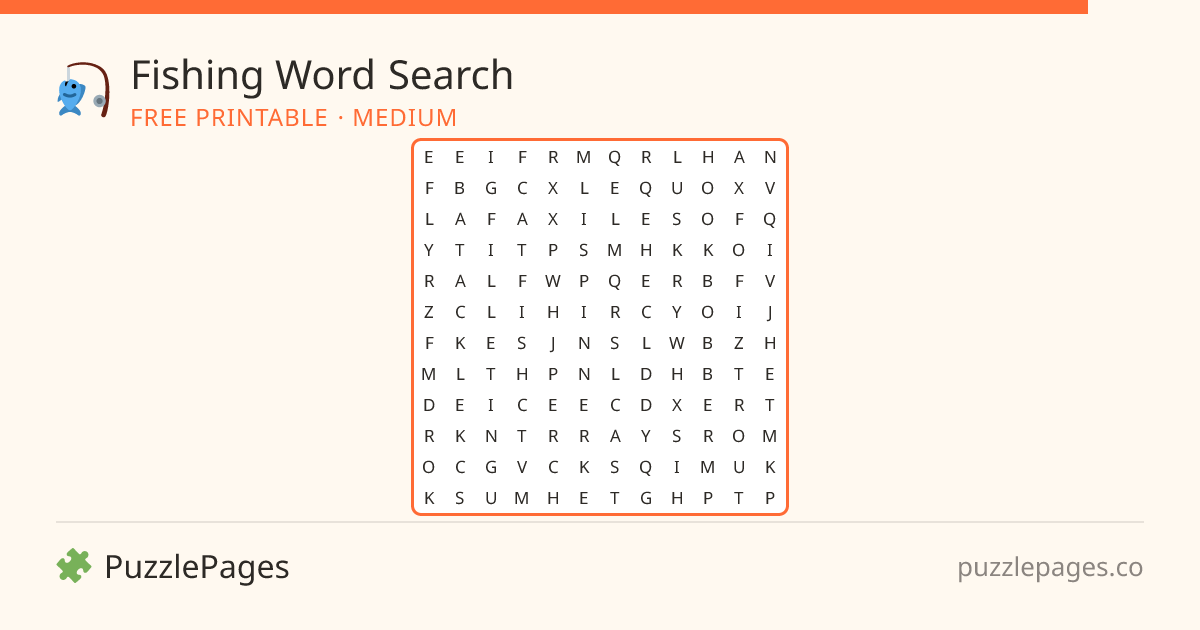 Fishing Medium printable word search preview — free to print from PuzzlePages