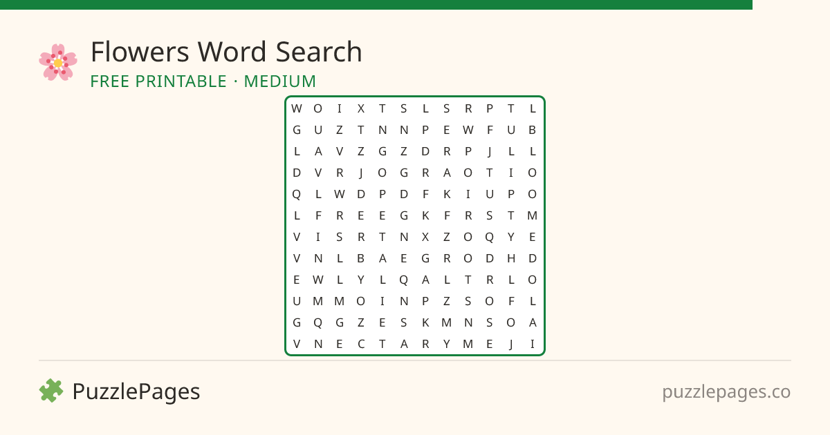 Flowers Medium printable word search preview — free to print from PuzzlePages