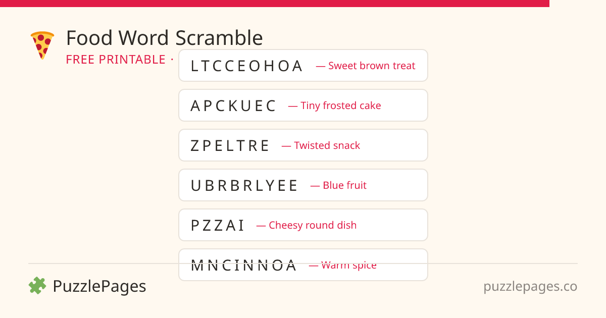 Food Medium printable word scramble preview — free to print from PuzzlePages