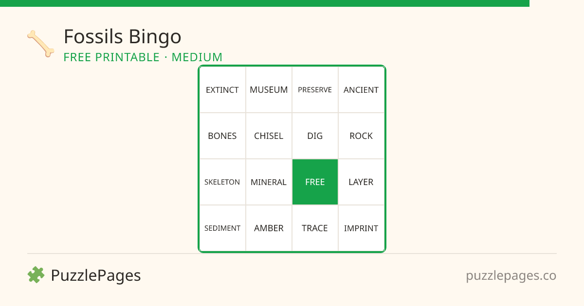 Fossils Medium printable bingo preview — free to print from PuzzlePages