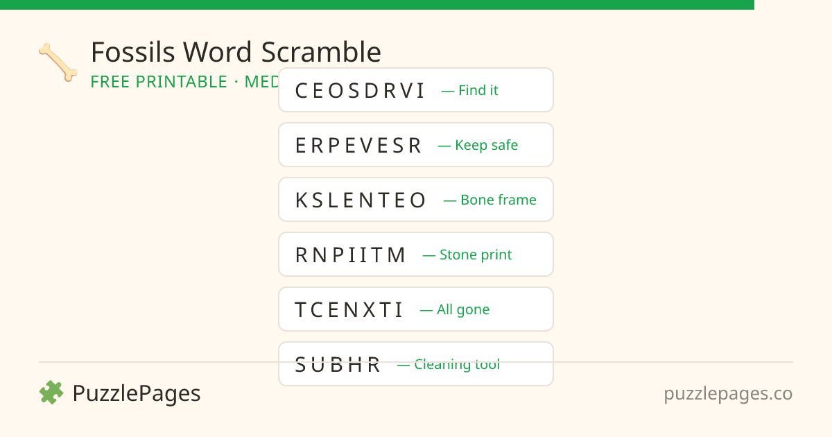 Fossils Medium printable word scramble preview — free to print from PuzzlePages