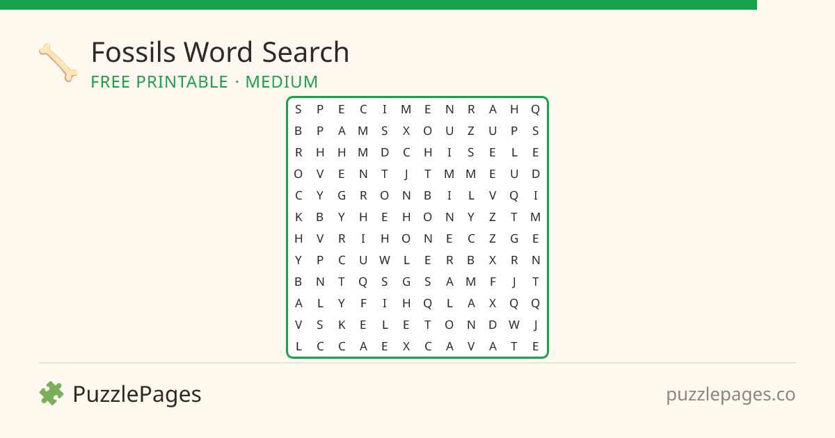 Fossils Medium printable word search preview — free to print from PuzzlePages