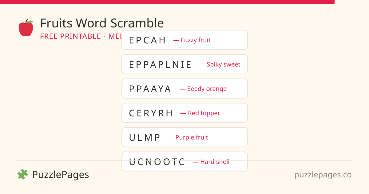 Fruits Medium printable word scramble preview — free to print from PuzzlePages