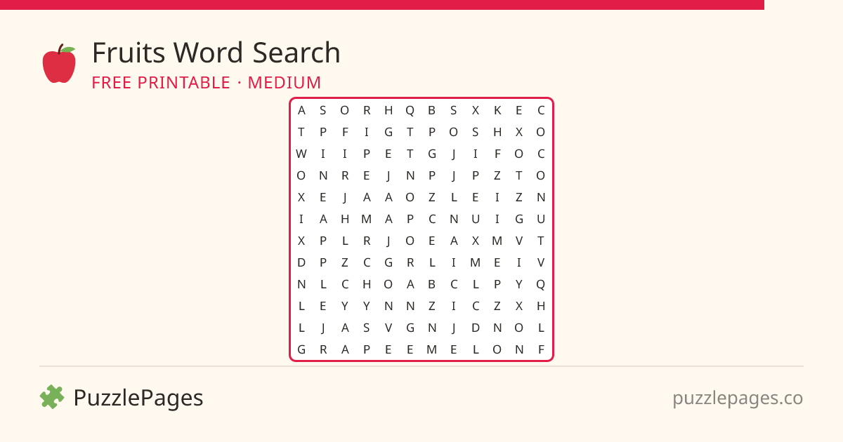 Fruits Medium printable word search preview — free to print from PuzzlePages