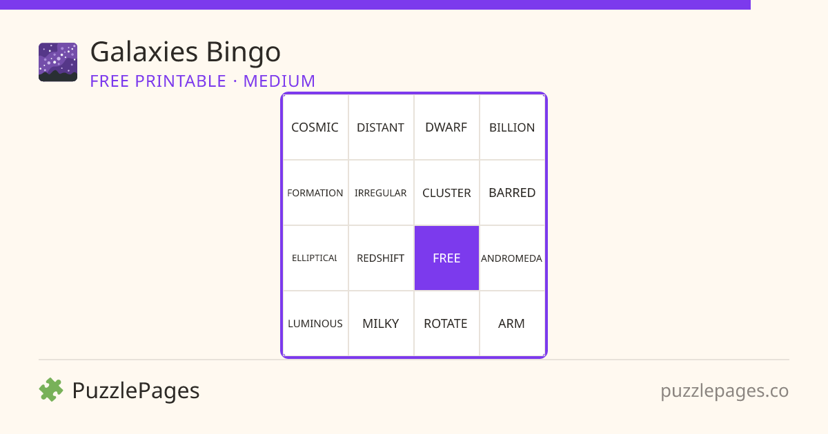Galaxies Medium printable bingo preview — free to print from PuzzlePages