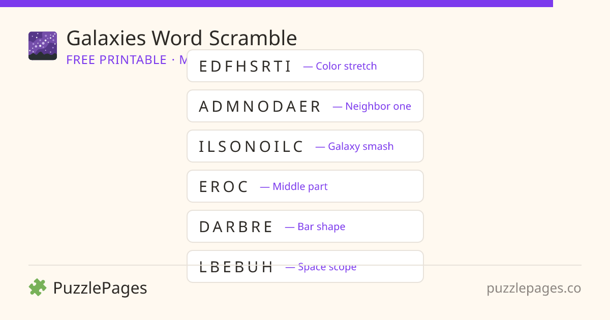 Galaxies Medium printable word scramble preview — free to print from PuzzlePages