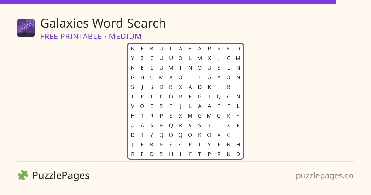 Galaxies Medium printable word search preview — free to print from PuzzlePages