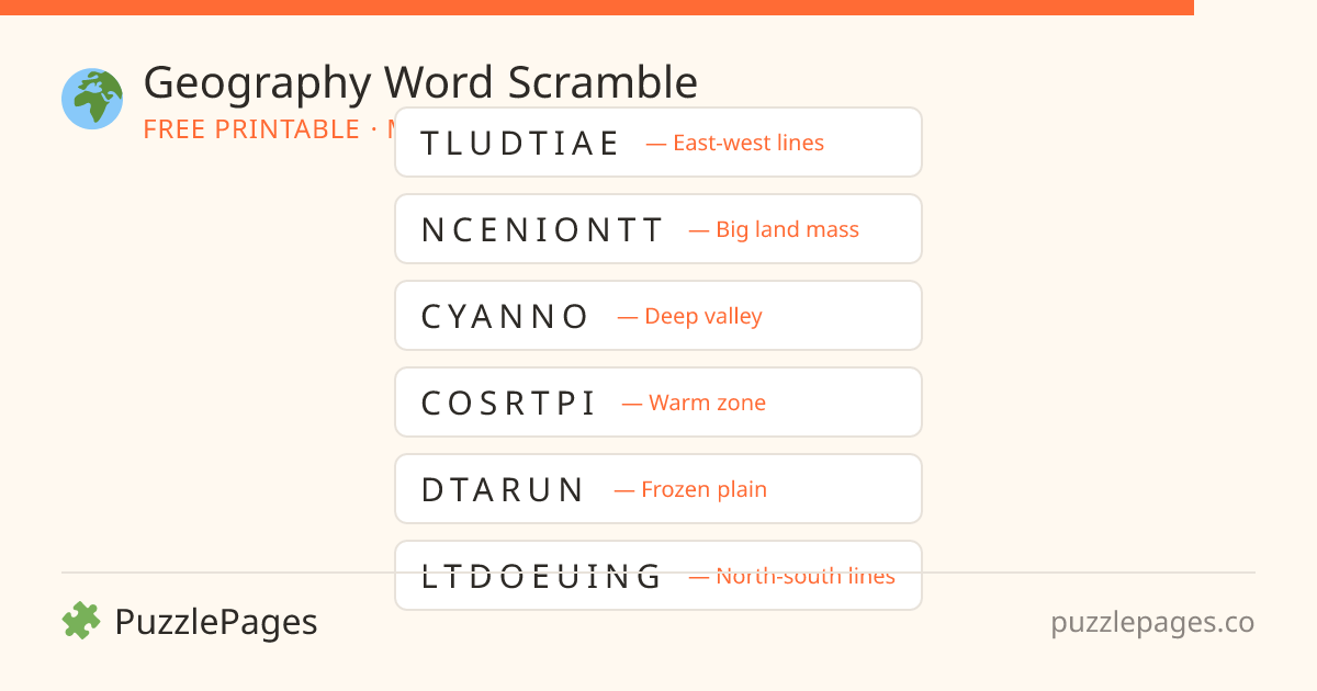 Geography Medium printable word scramble preview — free to print from PuzzlePages