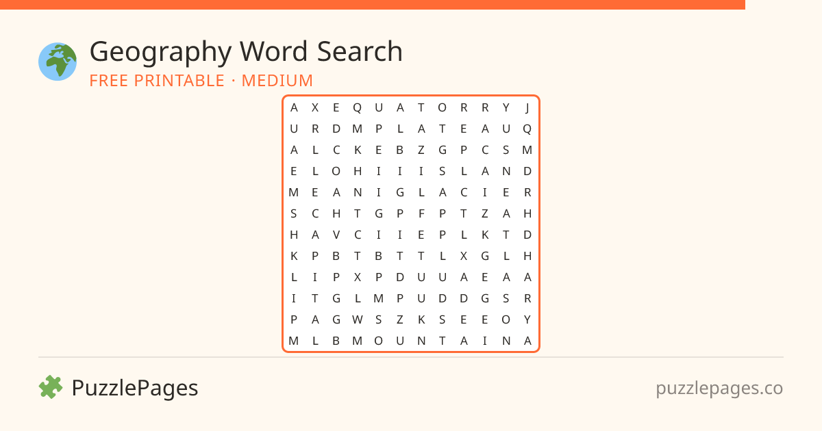 Geography Medium printable word search preview — free to print from PuzzlePages