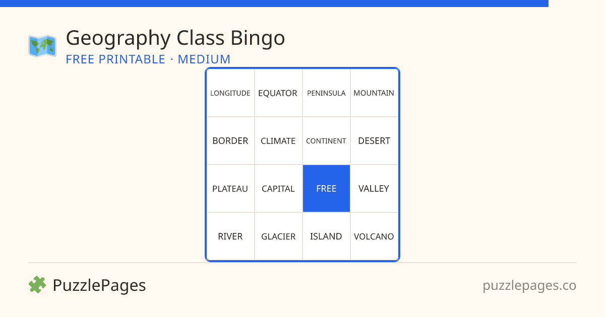 Geography Class Medium printable bingo preview — free to print from PuzzlePages