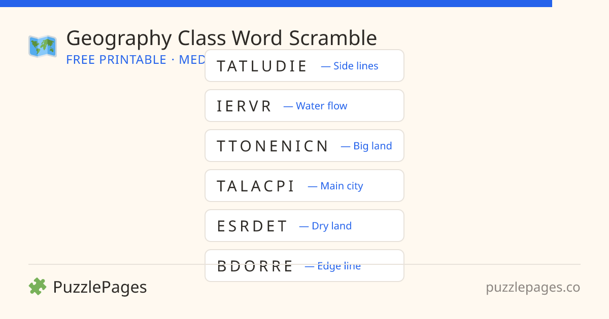 Geography Class Medium printable word scramble preview — free to print from PuzzlePages