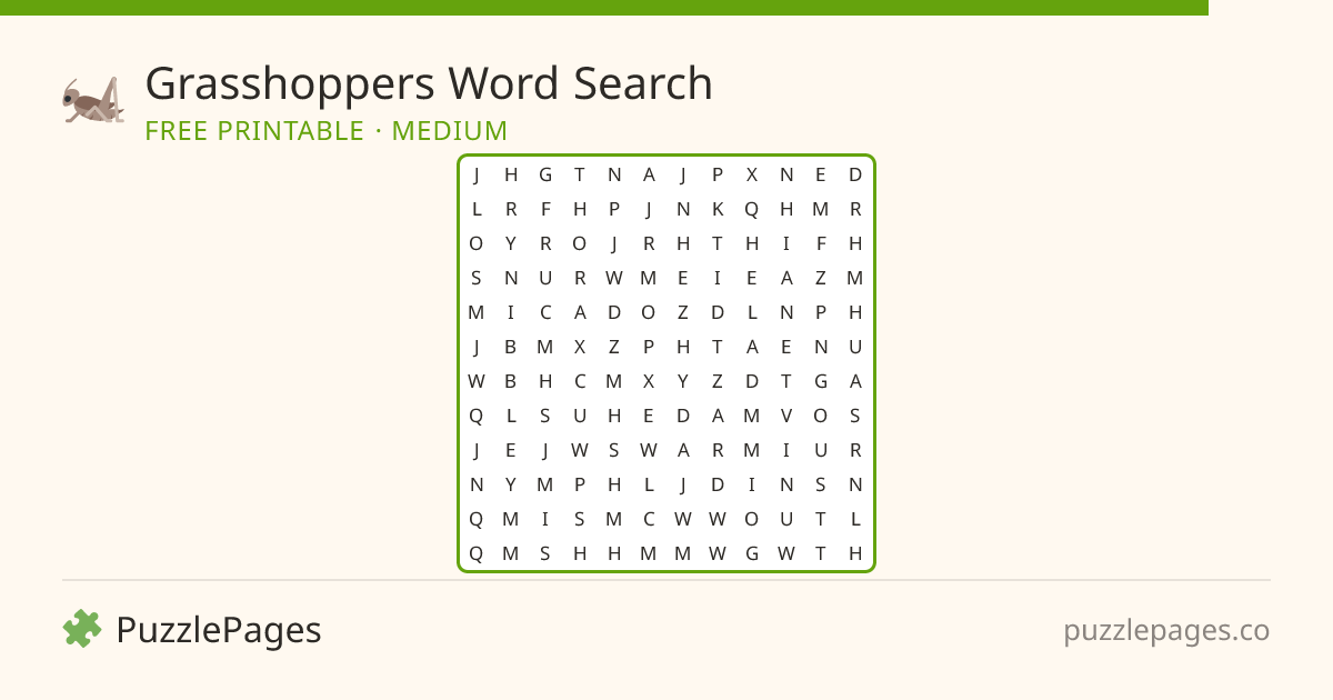 Grasshoppers Medium printable word search preview — free to print from PuzzlePages