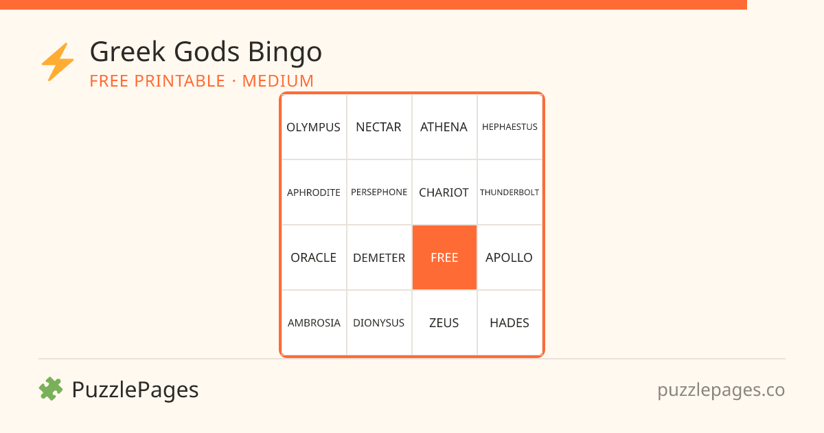 Greek Gods Medium printable bingo preview — free to print from PuzzlePages