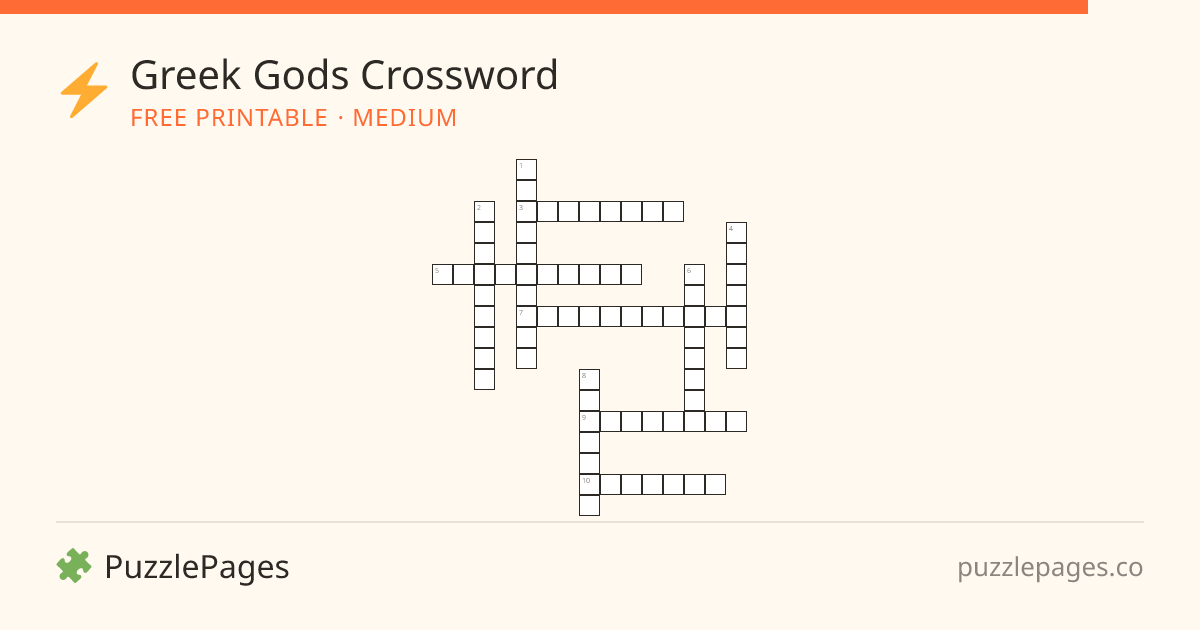 Greek Gods Medium printable crossword preview — free to print from PuzzlePages