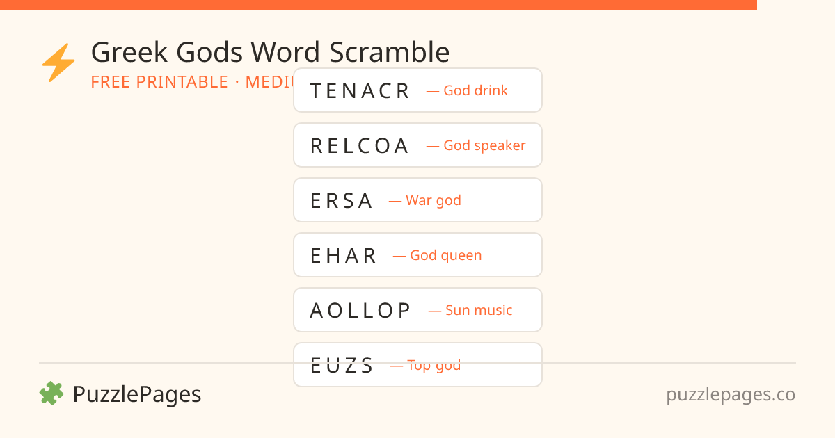 Greek Gods Medium printable word scramble preview — free to print from PuzzlePages