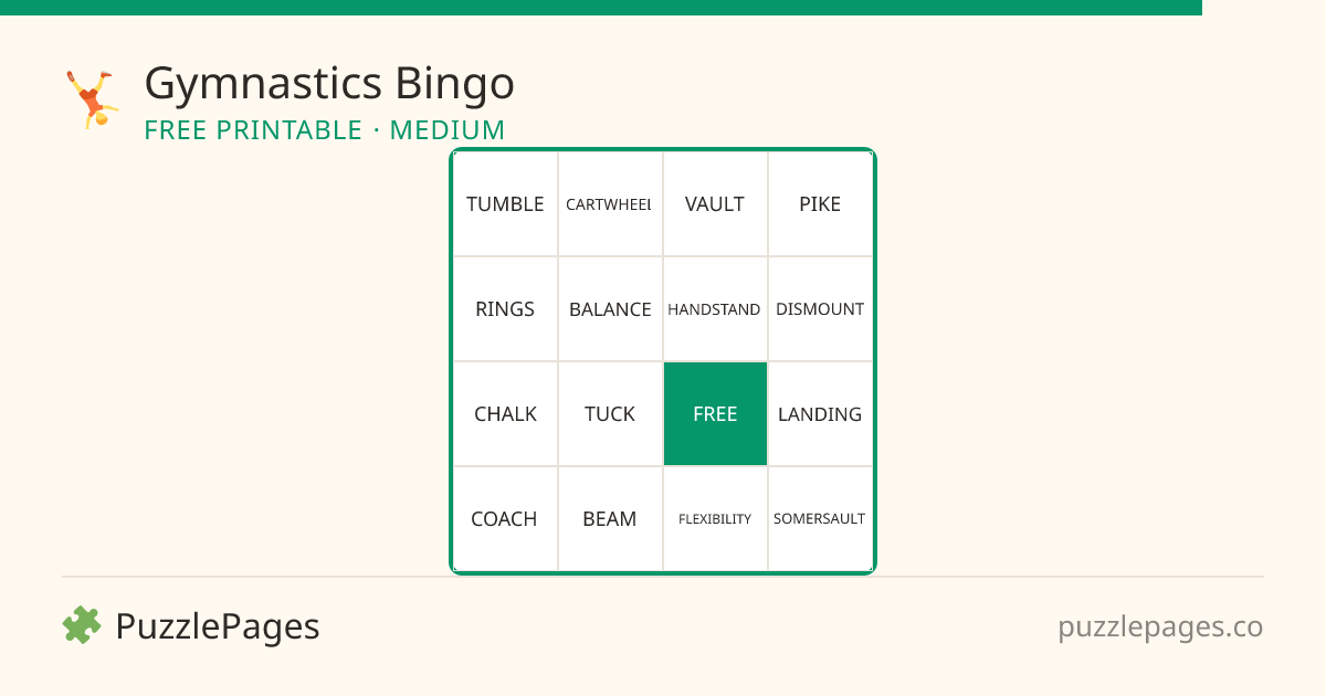 Gymnastics Medium printable bingo preview — free to print from PuzzlePages