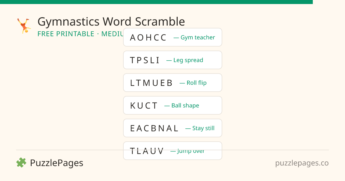 Gymnastics Medium printable word scramble preview — free to print from PuzzlePages