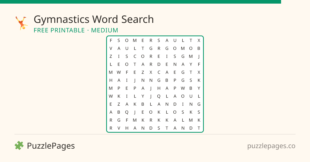 Gymnastics Medium printable word search preview — free to print from PuzzlePages
