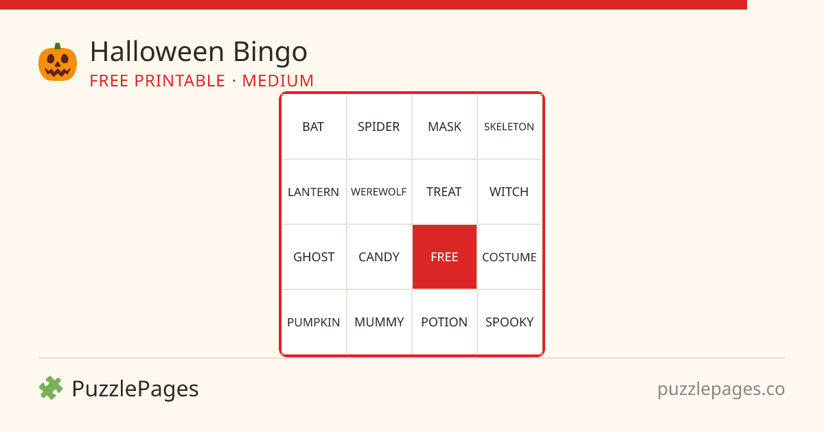 Halloween Medium printable bingo preview — free to print from PuzzlePages