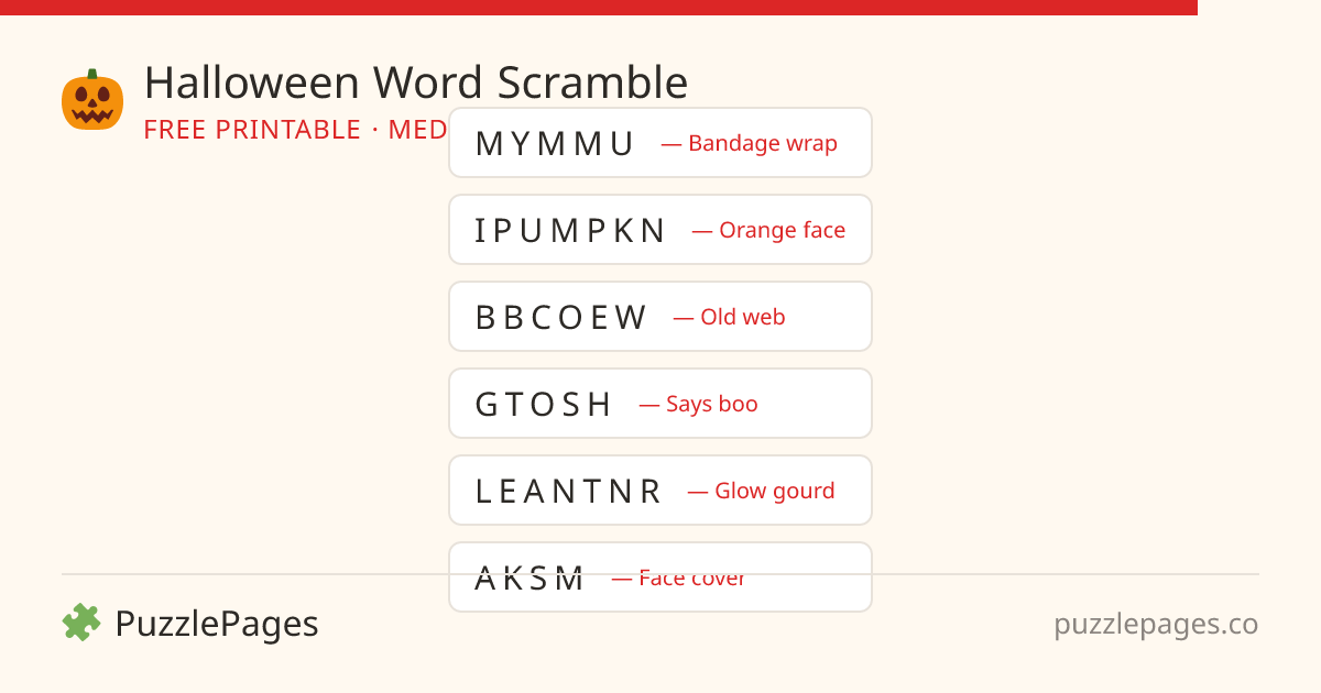 Halloween Medium printable word scramble preview — free to print from PuzzlePages