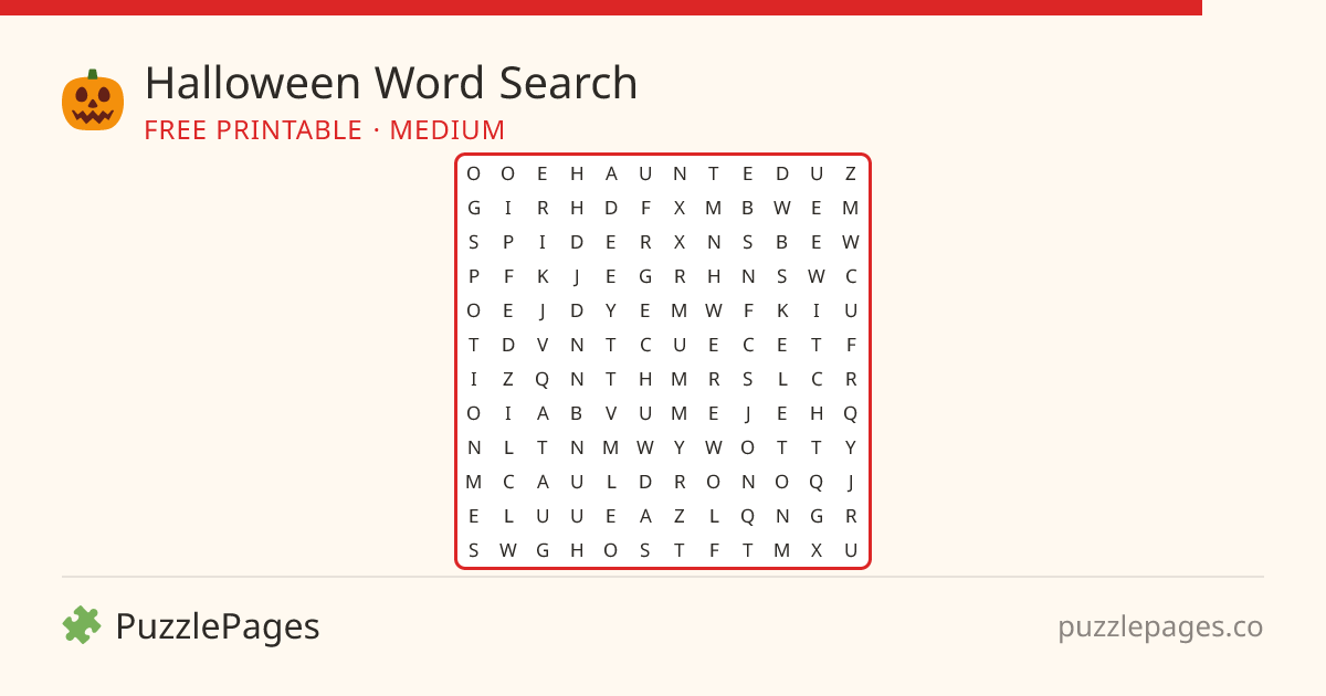 Halloween Medium printable word search preview — free to print from PuzzlePages