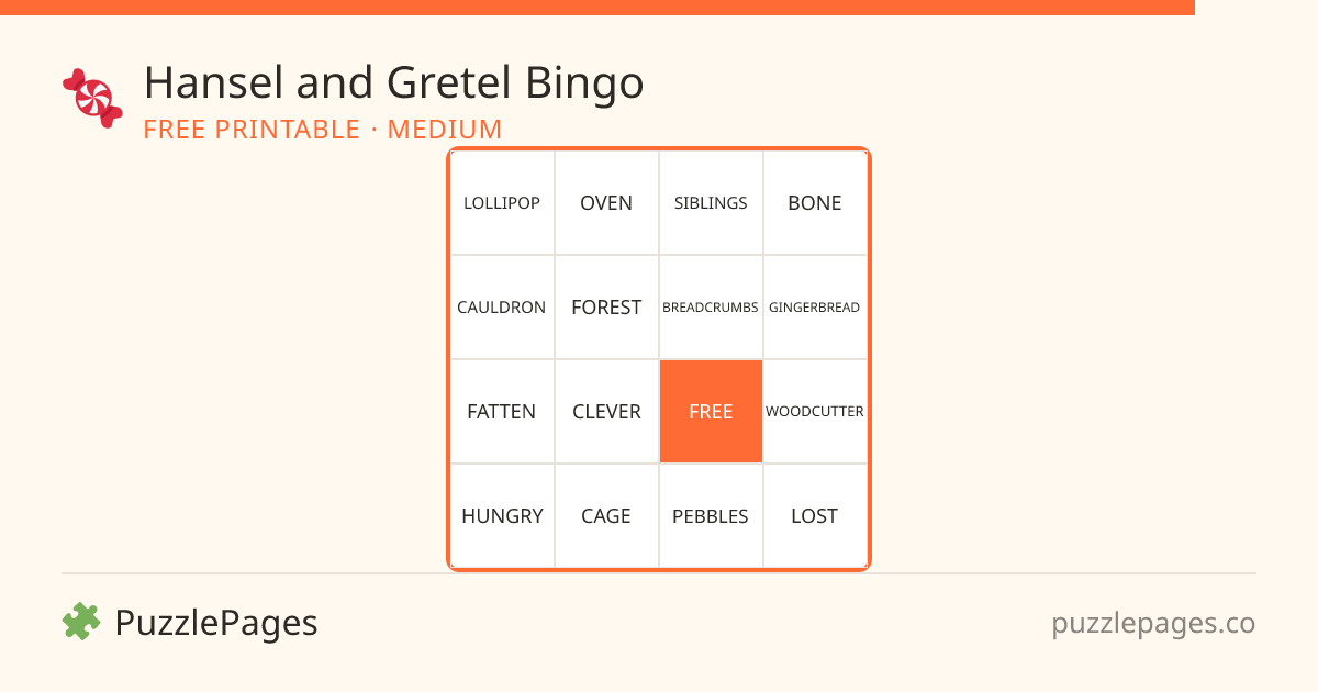 Hansel and Gretel Medium printable bingo preview — free to print from PuzzlePages