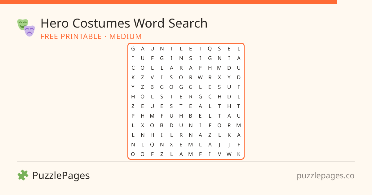 Hero Costumes Medium printable word search preview — free to print from PuzzlePages
