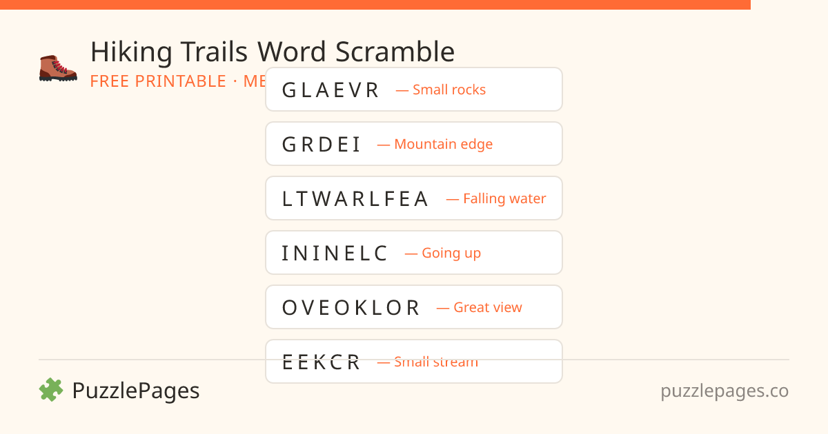 Hiking Trails Medium printable word scramble preview — free to print from PuzzlePages