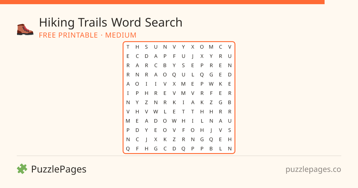 Hiking Trails Medium printable word search preview — free to print from PuzzlePages