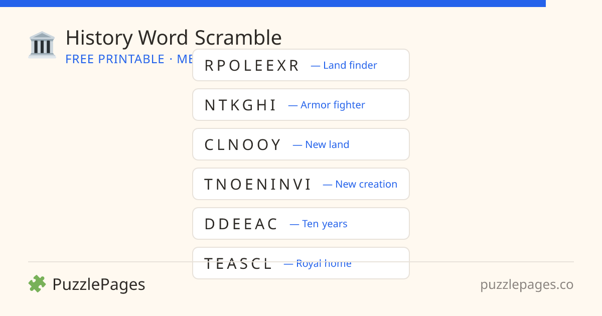 History Medium printable word scramble preview — free to print from PuzzlePages