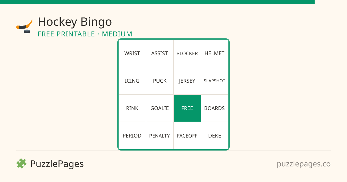 Hockey Medium printable bingo preview — free to print from PuzzlePages