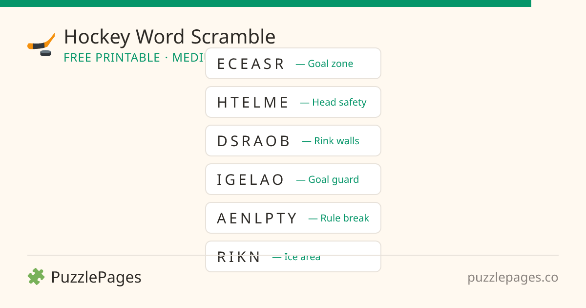 Hockey Medium printable word scramble preview — free to print from PuzzlePages