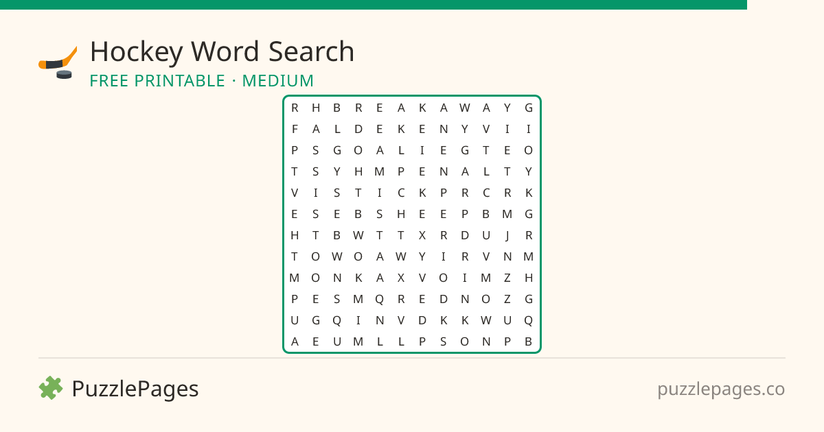 Hockey Medium printable word search preview — free to print from PuzzlePages