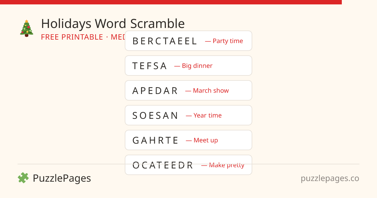 Holidays Medium printable word scramble preview — free to print from PuzzlePages