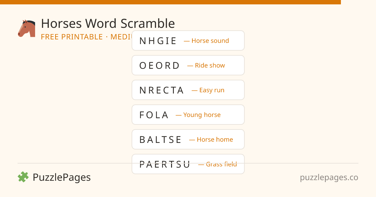 Horses Medium printable word scramble preview — free to print from PuzzlePages