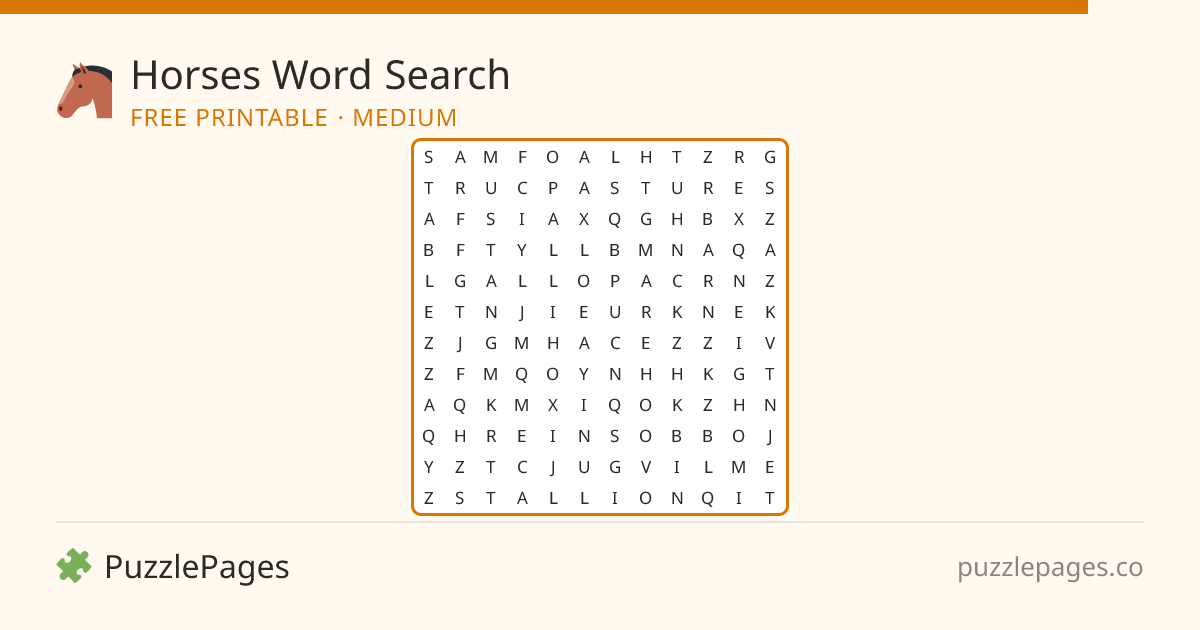 Horses Medium printable word search preview — free to print from PuzzlePages