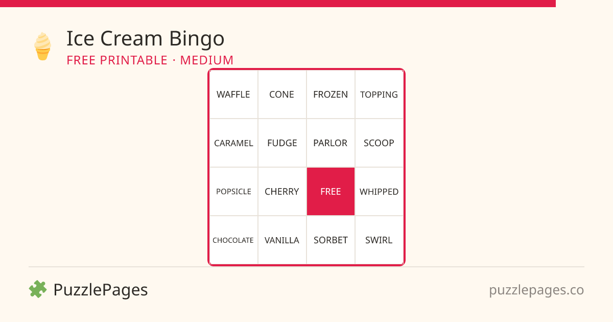 Ice Cream Medium printable bingo preview — free to print from PuzzlePages