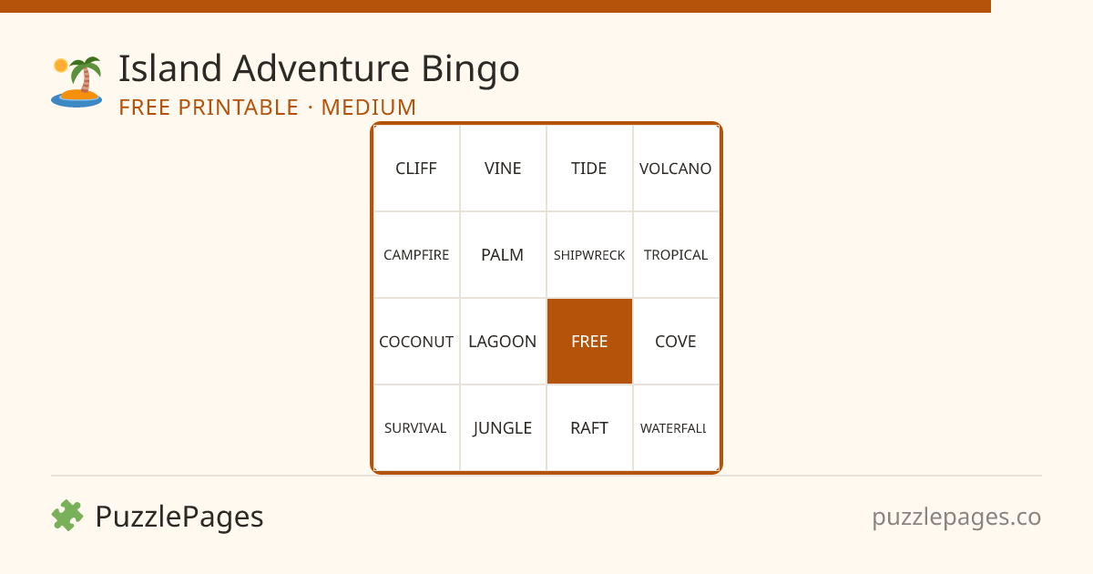 Island Adventure Medium printable bingo preview — free to print from PuzzlePages