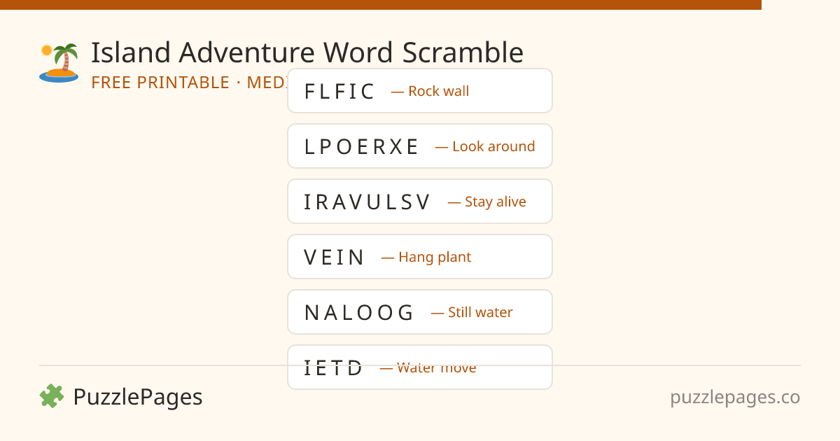 Island Adventure Medium printable word scramble preview — free to print from PuzzlePages