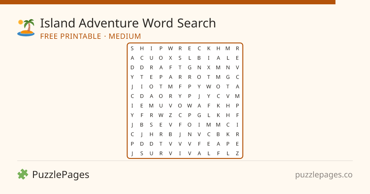 Island Adventure Medium printable word search preview — free to print from PuzzlePages
