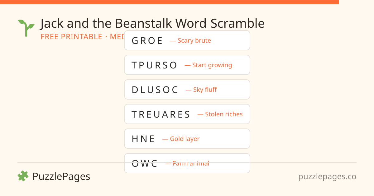 Jack and the Beanstalk Medium printable word scramble preview — free to print from PuzzlePages