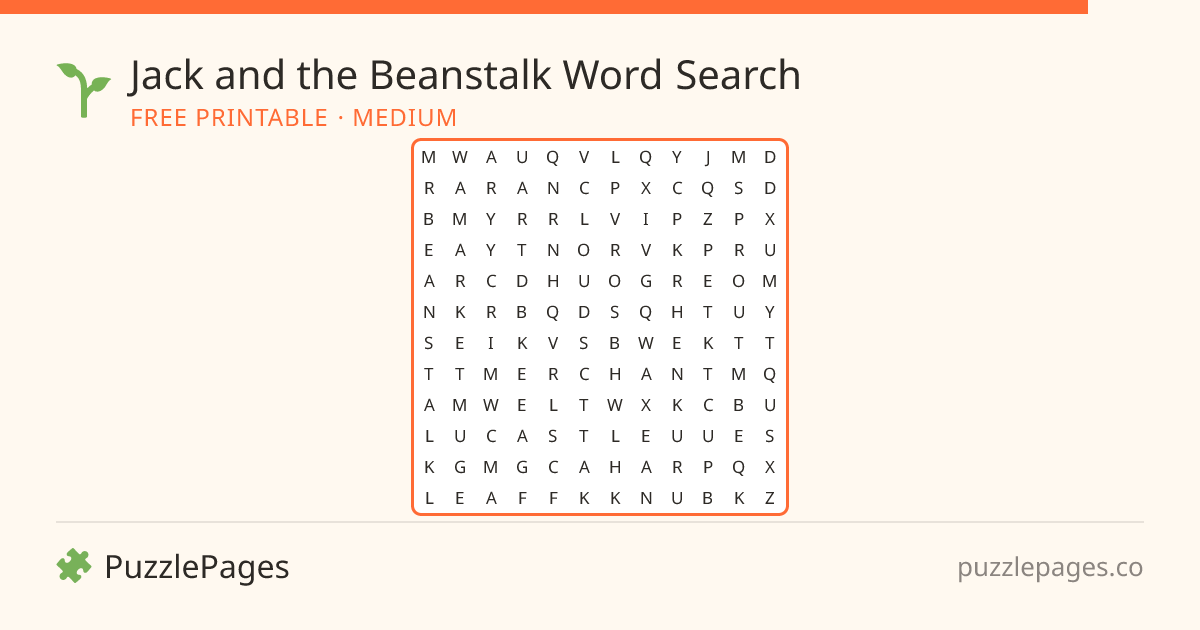 Jack and the Beanstalk Medium printable word search preview — free to print from PuzzlePages