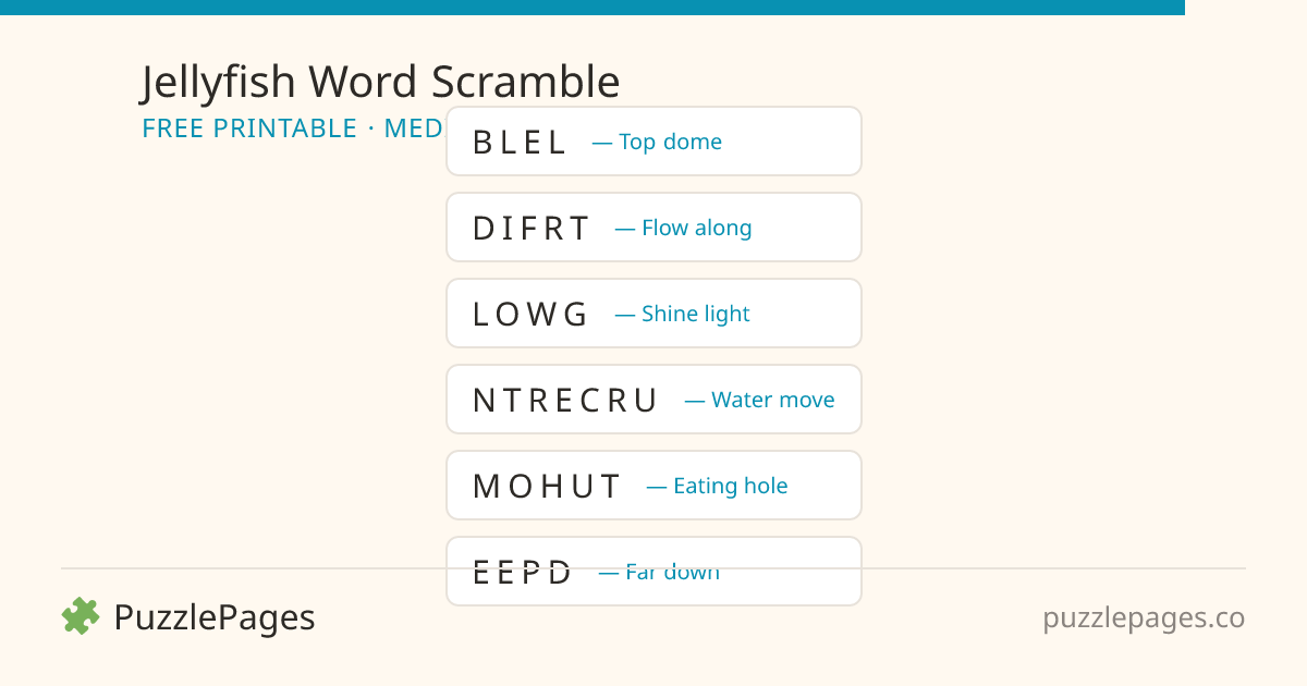 Jellyfish Medium printable word scramble preview — free to print from PuzzlePages