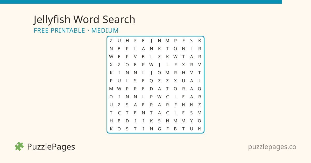 Jellyfish Medium printable word search preview — free to print from PuzzlePages