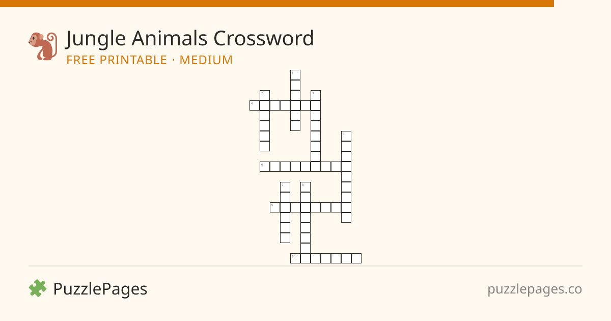 Jungle Animals Medium printable crossword preview — free to print from PuzzlePages
